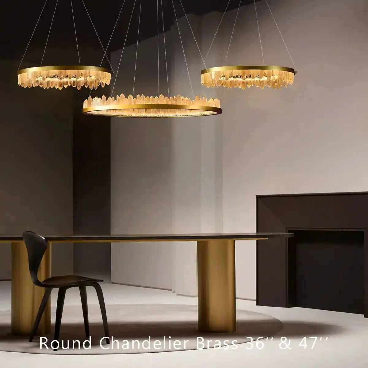 Round Modern Chandelier Brass & Clear Geode Quartz Crystal Hanging Light