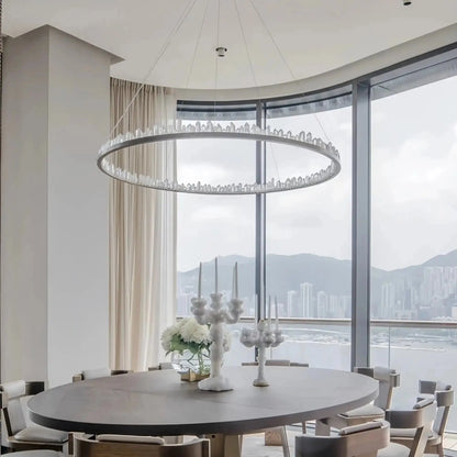 Round Modern Chandelier Brass & Clear Geode Quartz Crystal Hanging Light