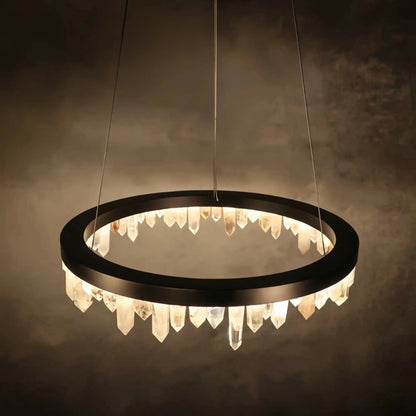 Round Modern Chandelier Brass & Clear Geode Quartz Crystal Hanging Light