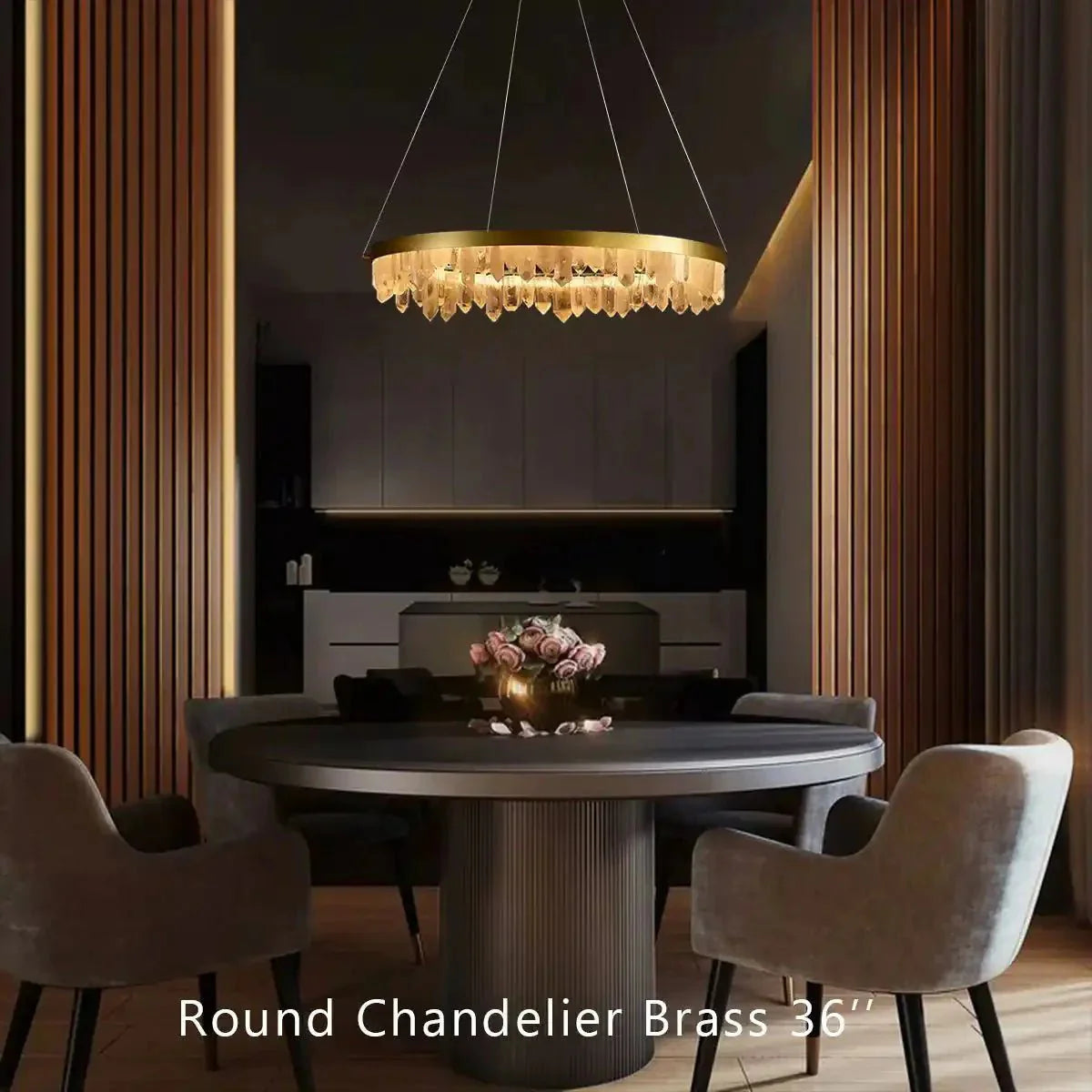Round Modern Chandelier Brass & Clear Geode Quartz Crystal Hanging Light