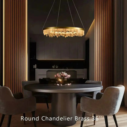 Round Modern Chandelier Brass & Clear Geode Quartz Crystal Hanging Light
