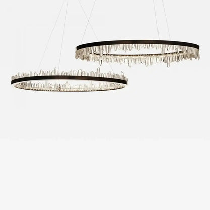 Round Modern Chandelier Brass & Clear Geode Quartz Crystal Hanging Light