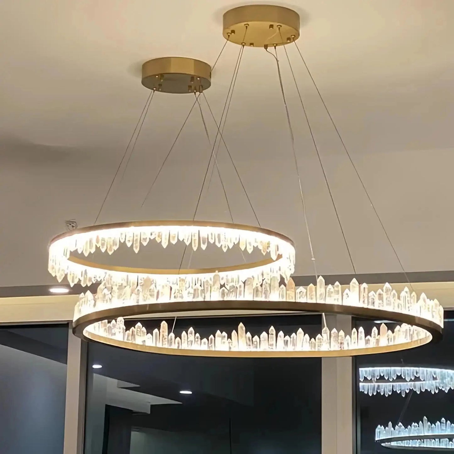 Round Modern Chandelier Brass & Clear Geode Quartz Crystal Hanging Light