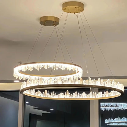 Round Modern Chandelier Brass & Clear Geode Quartz Crystal Hanging Light