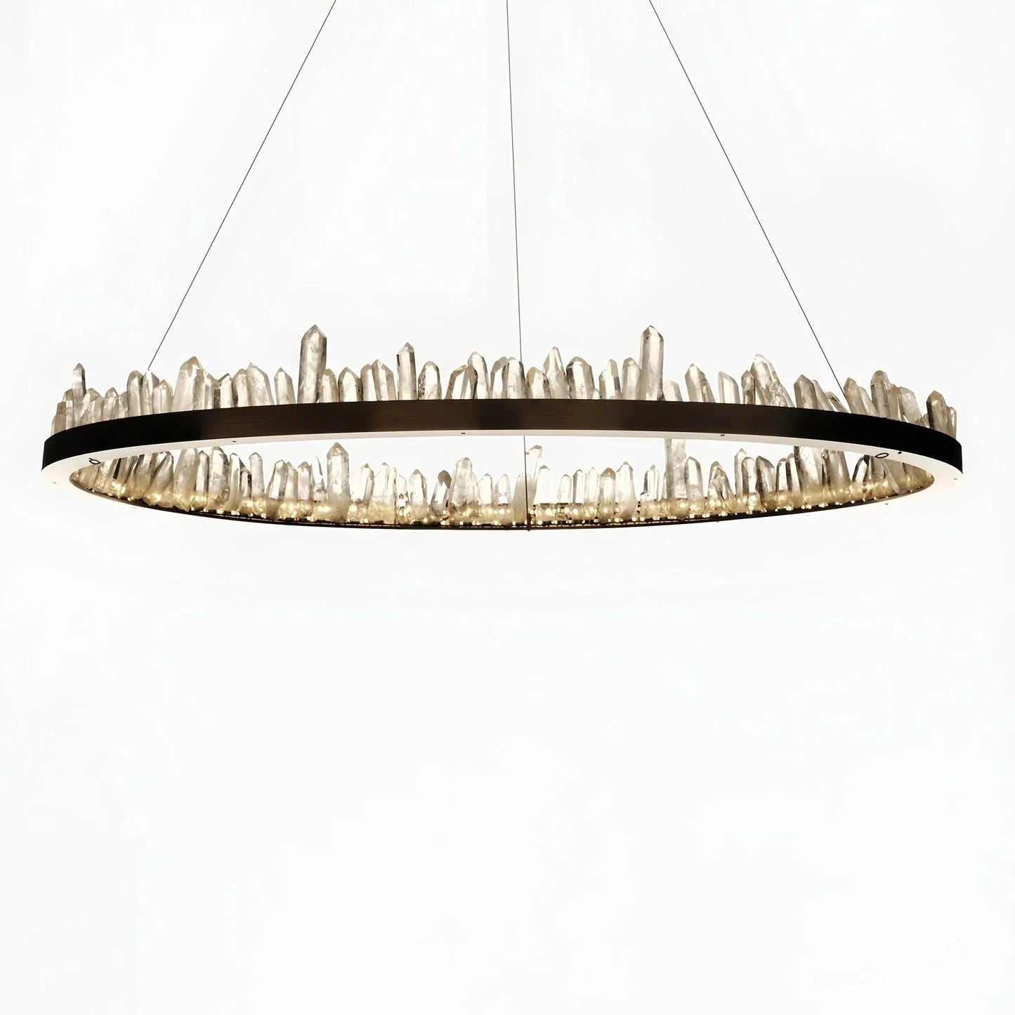 Round Modern Chandelier Brass & Clear Geode Quartz Crystal Hanging Light