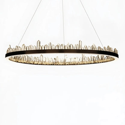 Round Modern Chandelier Brass & Clear Geode Quartz Crystal Hanging Light