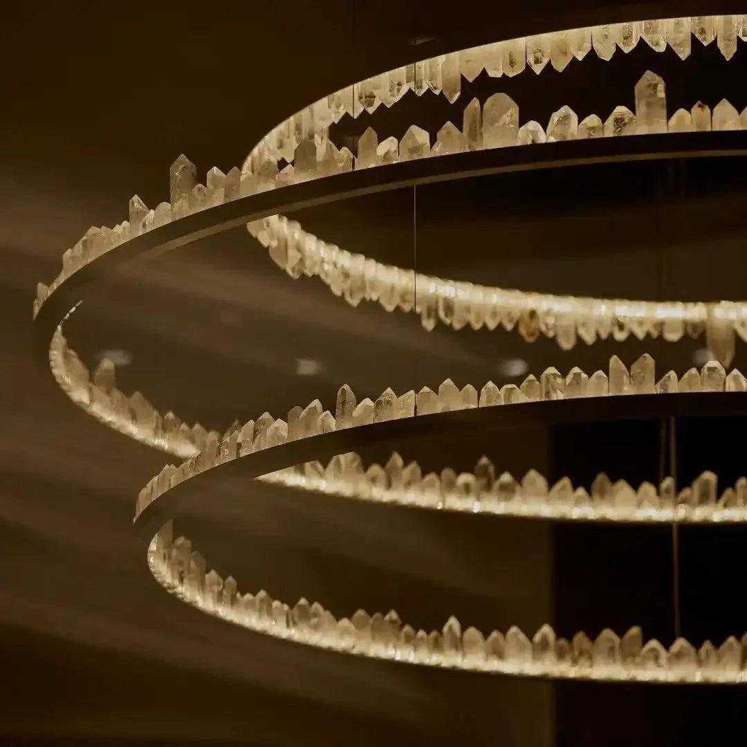 Round Modern Chandelier Brass & Clear Geode Quartz Crystal Hanging Light