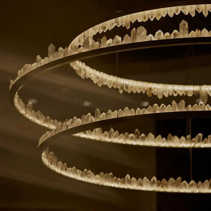 Round Modern Chandelier Brass & Clear Geode Quartz Crystal Hanging Light
