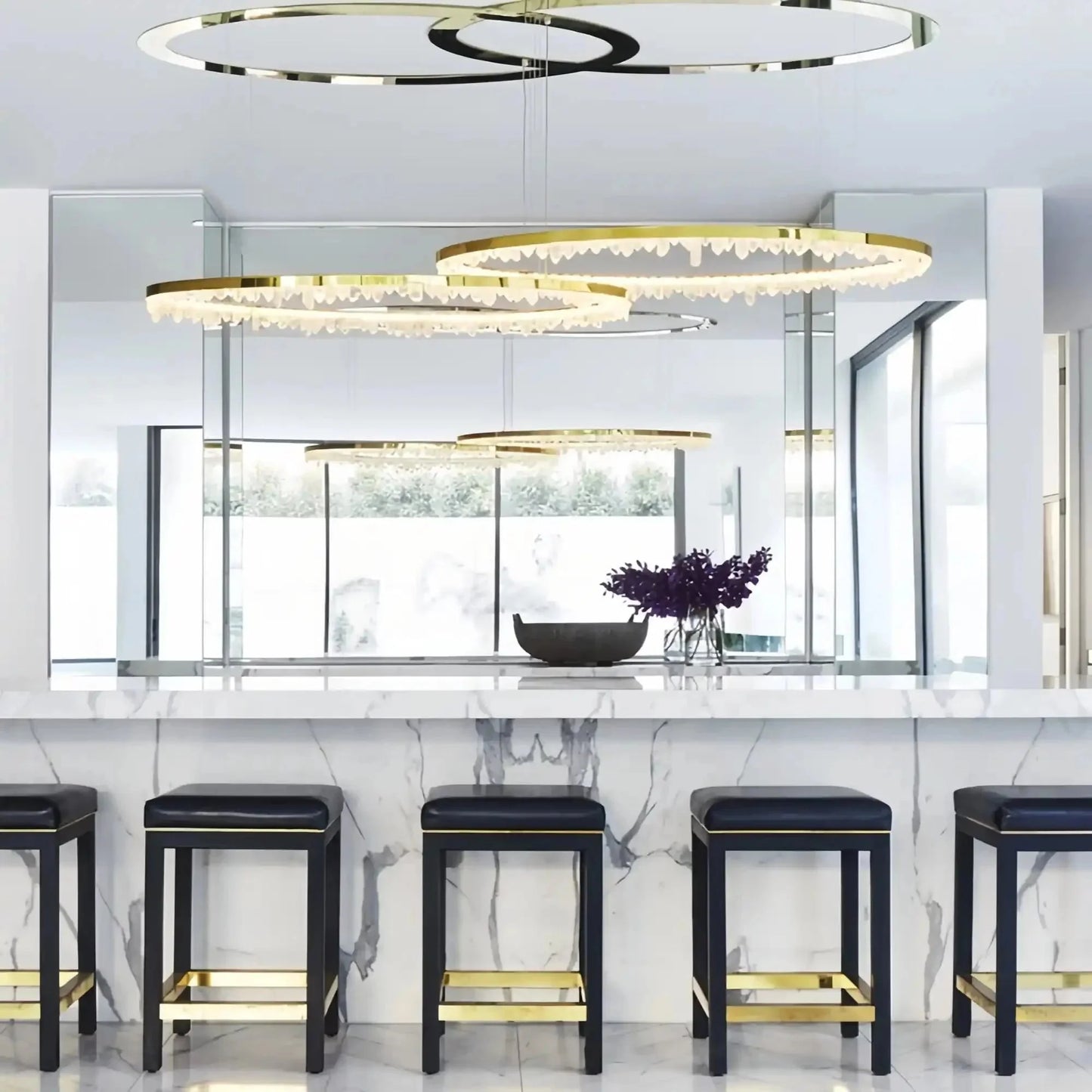 Round Modern Chandelier Brass & Clear Geode Quartz Crystal Hanging Light