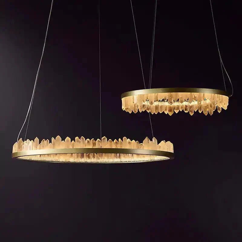 Round Modern Chandelier Brass & Clear Geode Quartz Crystal Hanging Light