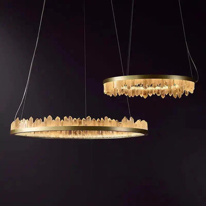 Round Modern Chandelier Brass & Clear Geode Quartz Crystal Hanging Light