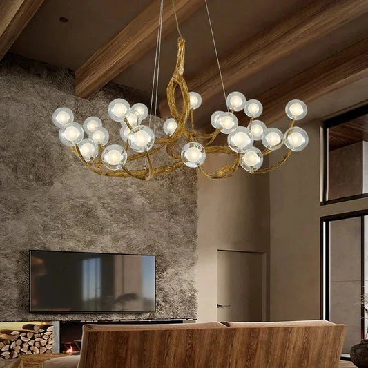 Rustic Farmhouse Branch Chandelier with Glass Orbs