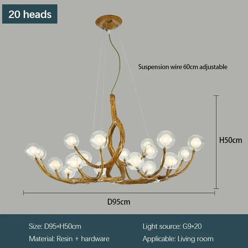 Rustic Farmhouse Branch Chandelier with Glass Orbs