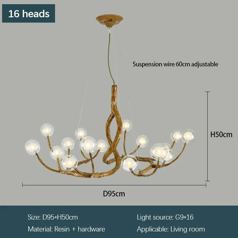 Rustic Farmhouse Branch Chandelier with Glass Orbs