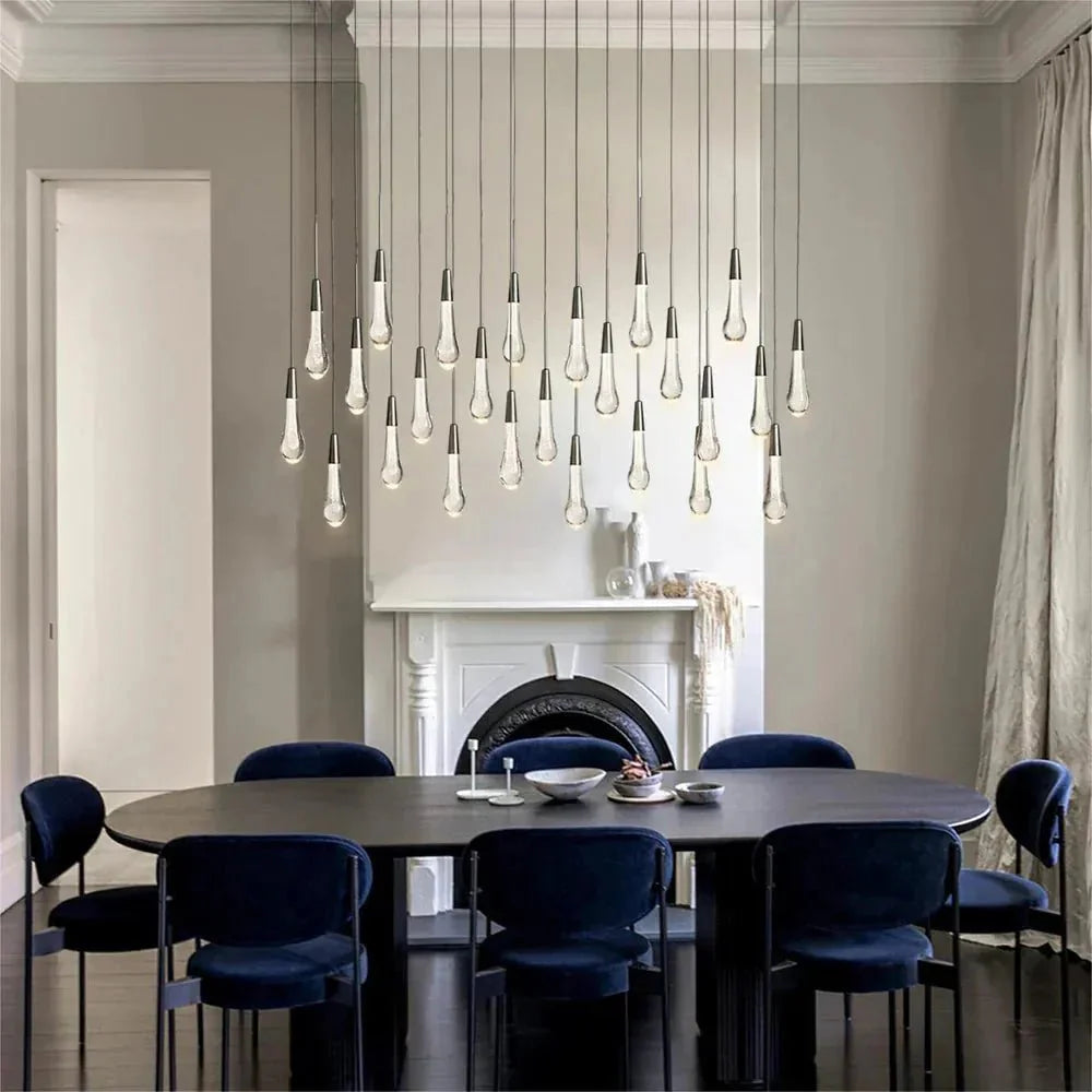 Soltaire Linear Chandelier - Seeded Glass Raindrop Pendant Lighting
