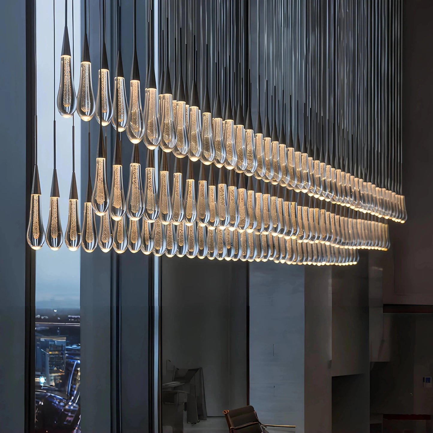 Soltaire Linear Chandelier - Seeded Glass Raindrop Pendant Lighting