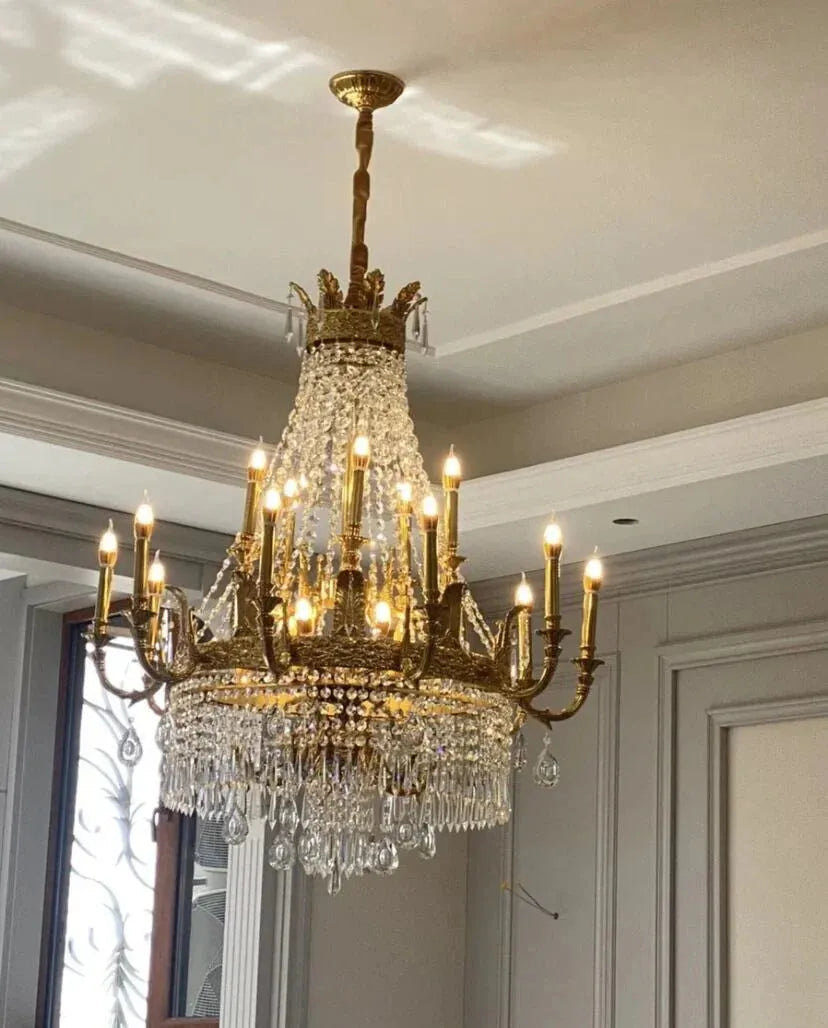 Stunning Oversized Luxury Golden Metal Candle Crystal Tassel Chandelier For High-ceiling