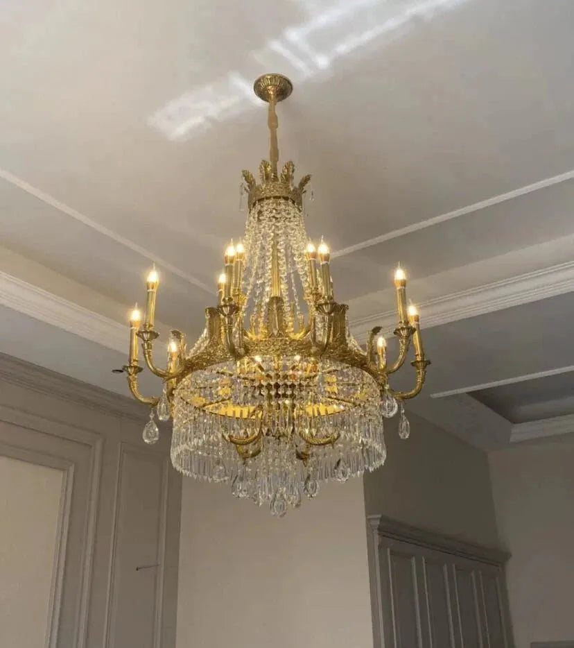 Stunning Oversized Luxury Golden Metal Candle Crystal Tassel Chandelier For High-ceiling