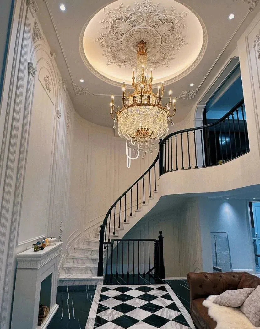 Stunning Oversized Luxury Golden Metal Candle Crystal Tassel Chandelier For High-ceiling