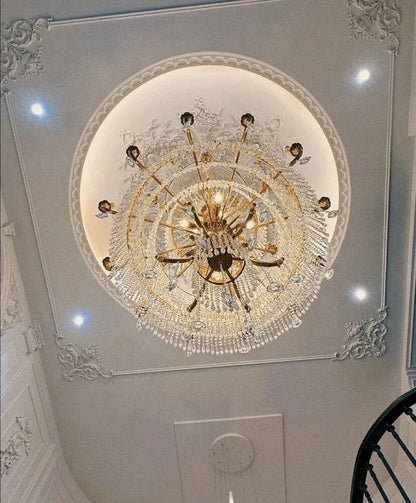Stunning Oversized Luxury Golden Metal Candle Crystal Tassel Chandelier For High-ceiling