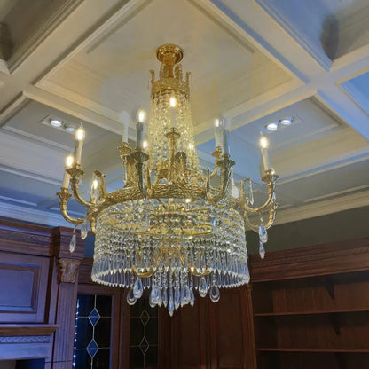 Stunning Oversized Luxury Golden Metal Candle Crystal Tassel Chandelier For High-ceiling