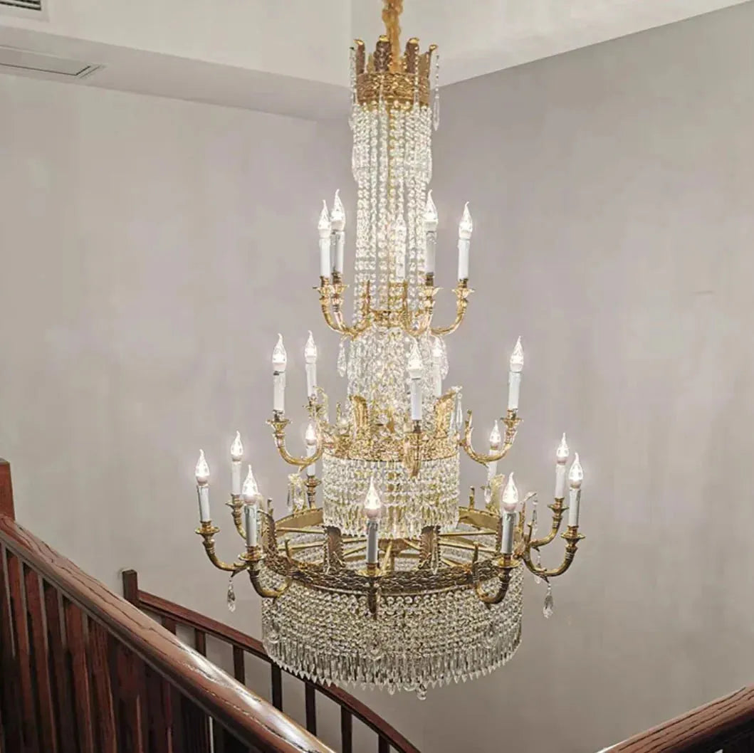 Stunning Oversized Luxury Golden Metal Candle Crystal Tassel Chandelier For High-ceiling