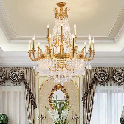 Stunning Oversized Luxury Golden Metal Candle Crystal Tassel Chandelier For High-ceiling