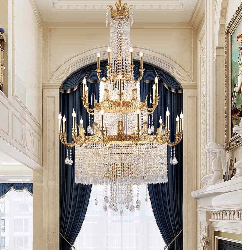 Stunning Oversized Luxury Golden Metal Candle Crystal Tassel Chandelier For High-ceiling