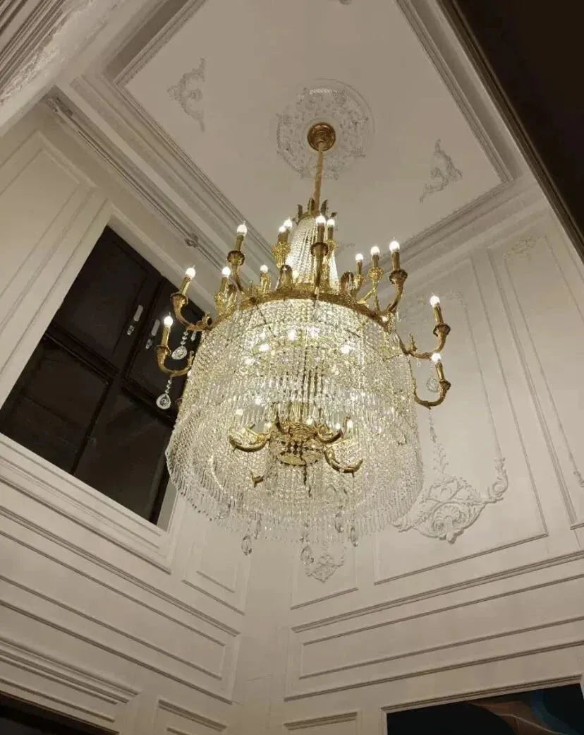 Stunning Oversized Luxury Golden Metal Candle Crystal Tassel Chandelier For High-ceiling