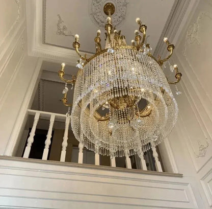 Stunning Oversized Luxury Golden Metal Candle Crystal Tassel Chandelier For High-ceiling