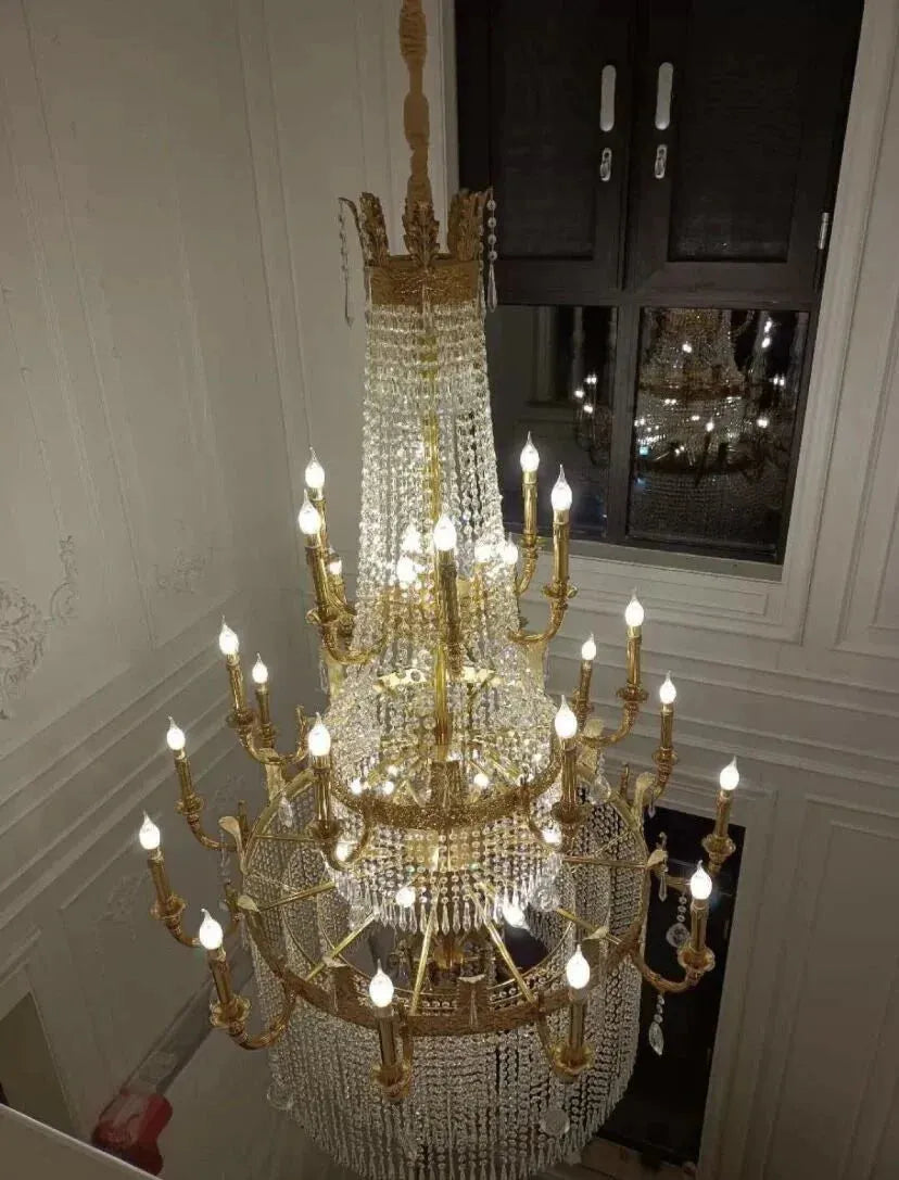 Stunning Oversized Luxury Golden Metal Candle Crystal Tassel Chandelier For High-ceiling