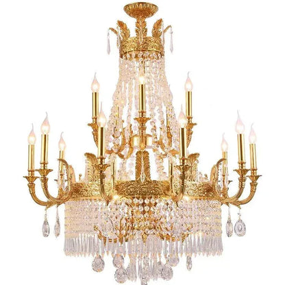 Stunning Oversized Luxury Golden Metal Candle Crystal Tassel Chandelier For High-ceiling