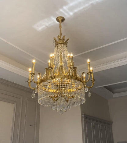Stunning Oversized Luxury Golden Metal Candle Crystal Tassel Chandelier For High-ceiling Staircase/Entryway/Living/Meeting Room