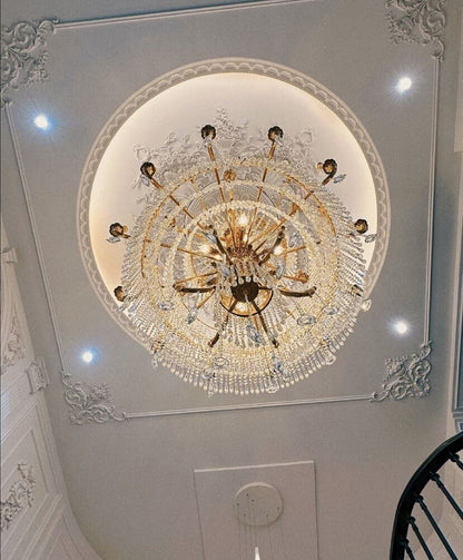 Stunning Oversized Luxury Golden Metal Candle Crystal Tassel Chandelier For High-ceiling Staircase/Entryway/Living/Meeting Room