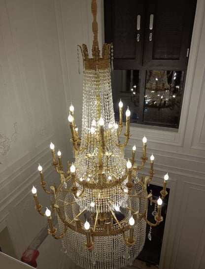 Stunning Oversized Luxury Golden Metal Candle Crystal Tassel Chandelier For High-ceiling Staircase/Entryway/Living/Meeting Room