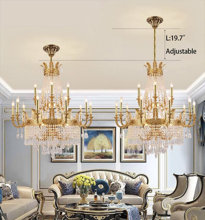 Stunning Oversized Luxury Golden Metal Candle Crystal Tassel Chandelier For High-ceiling Staircase/Entryway/Living/Meeting Room