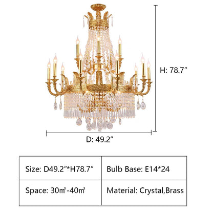 Stunning Oversized Luxury Golden Metal Candle Crystal Tassel Chandelier For High-ceiling Staircase/Entryway/Living/Meeting Room