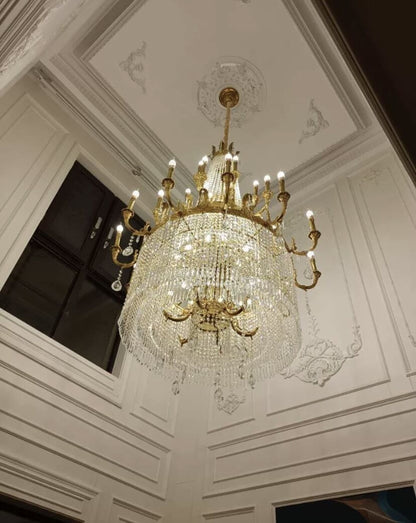 Stunning Oversized Luxury Golden Metal Candle Crystal Tassel Chandelier For High-ceiling Staircase/Entryway/Living/Meeting Room