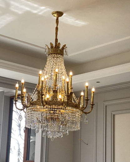 Stunning Oversized Luxury Golden Metal Candle Crystal Tassel Chandelier For High-ceiling Staircase/Entryway/Living/Meeting Room