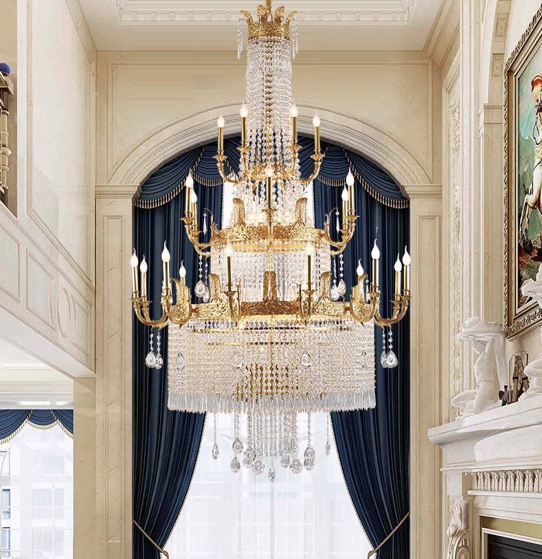 Stunning Oversized Luxury Golden Metal Candle Crystal Tassel Chandelier For High-ceiling Staircase/Entryway/Living/Meeting Room
