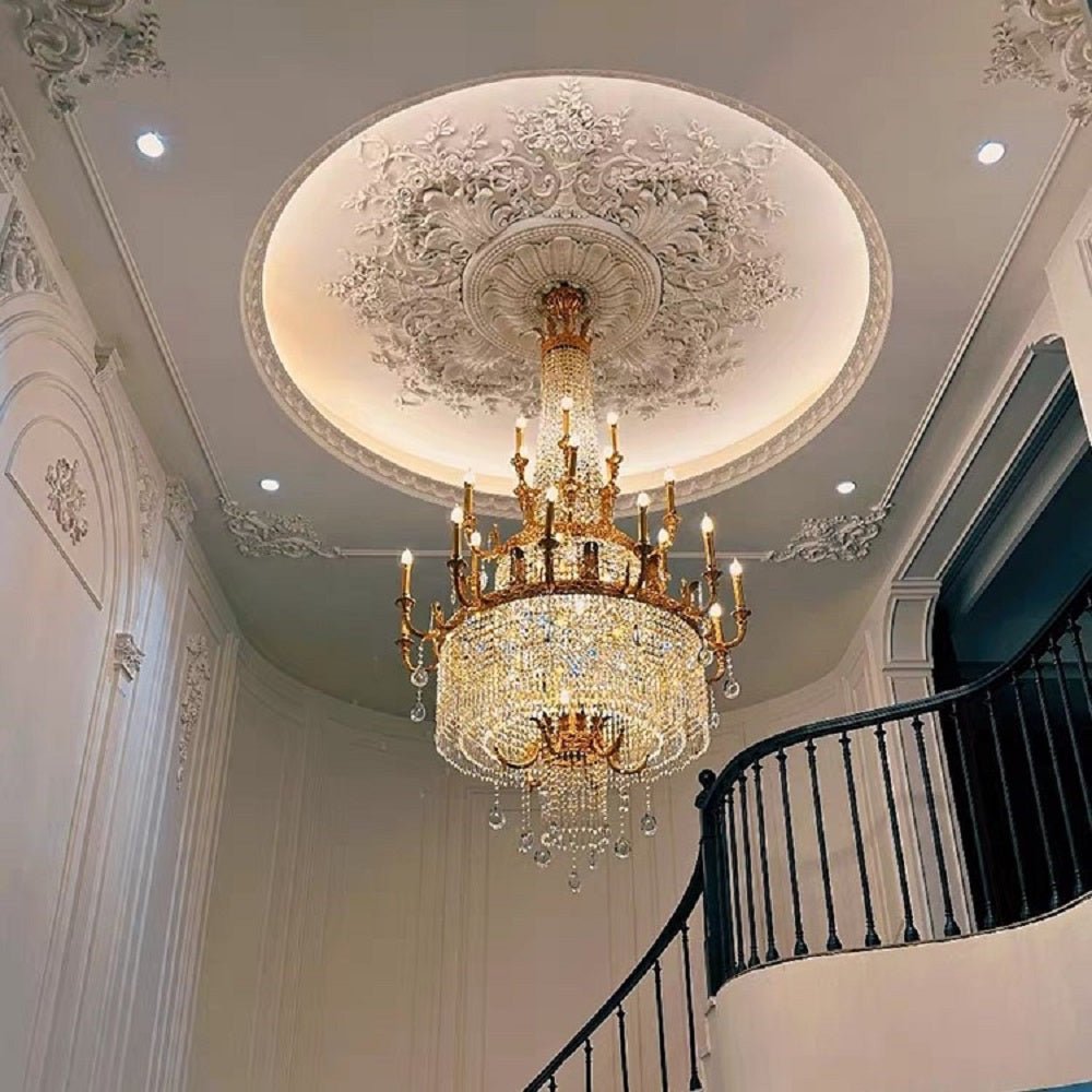 Stunning Oversized Luxury Golden Metal Candle Crystal Tassel Chandelier For High-ceiling Staircase/Entryway/Living/Meeting Room