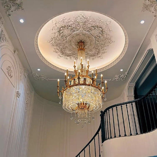 Stunning Oversized Luxury Golden Metal Candle Crystal Tassel Chandelier For High-ceiling Staircase/Entryway/Living/Meeting Room