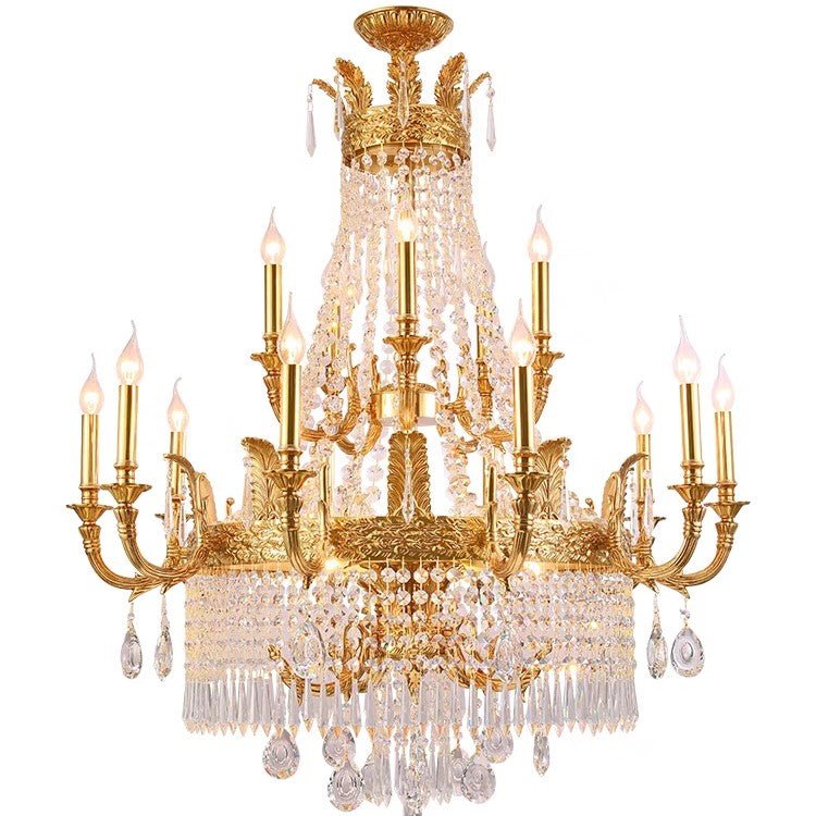 Stunning Oversized Luxury Golden Metal Candle Crystal Tassel Chandelier For High-ceiling Staircase/Entryway/Living/Meeting Room