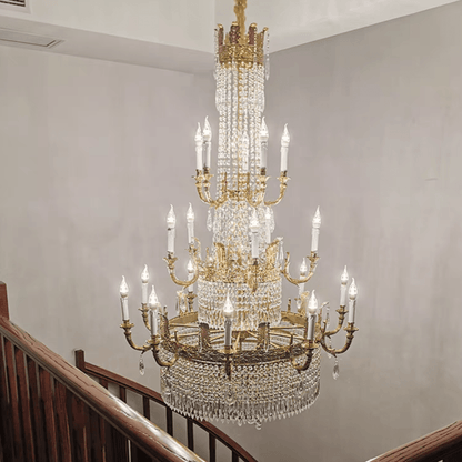 Stunning Oversized Luxury Golden Metal Candle Crystal Tassel Chandelier For High-ceiling Staircase/Entryway/Living/Meeting Room