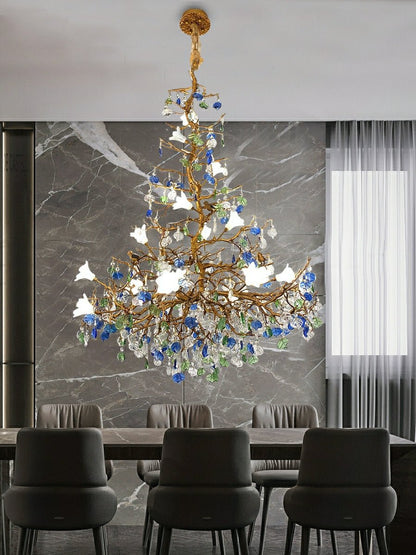 Stylish Colored Glaze Flower Crystal Chandelier Brass Tree Branch Ceiling Light For Living Room Hotel Hall