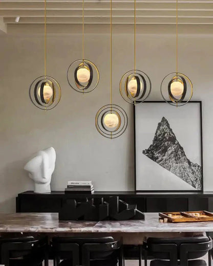 White Alabaster Round Ceiling Pendant Lamp - Gold & Bronze Rotatable Ring