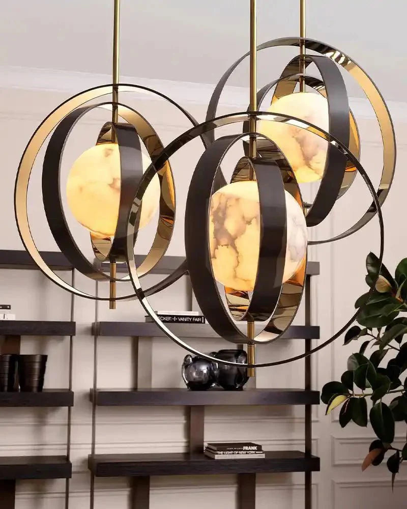 White Alabaster Round Ceiling Pendant Lamp - Gold & Bronze Rotatable Ring