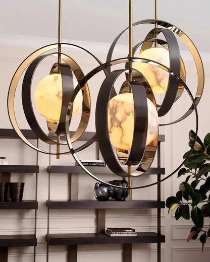 White Alabaster Round Ceiling Pendant Lamp - Gold & Bronze Rotatable Ring