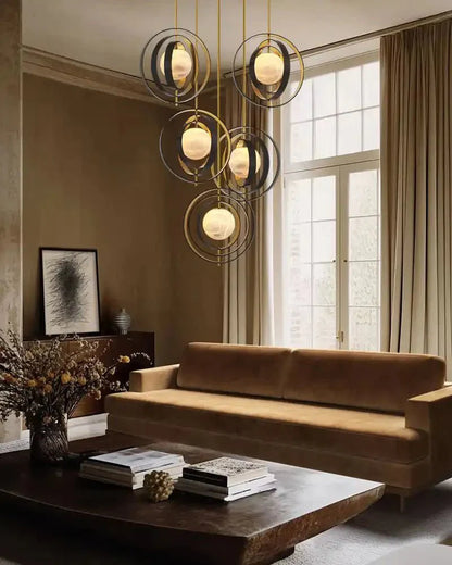 White Alabaster Round Ceiling Pendant Lamp - Gold & Bronze Rotatable Ring