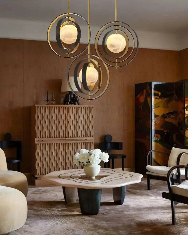 White Alabaster Round Ceiling Pendant Lamp - Gold & Bronze Rotatable Ring